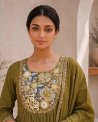 Suvislab Olive Elegance Embroidered Tutone Kurta Set with Dupatta
