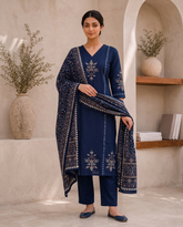 Royal Blue Gajji Silk Printed Kurta Set with Dupatta