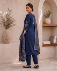 Royal Blue Gajji Silk Printed Kurta Set with Dupatta