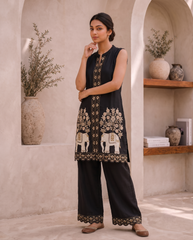 Rich Black Base With Gold-Toned Elephant & Floral Embroidery