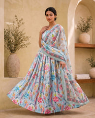 Elegant Floral Printed Silk Anarkali Gown