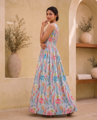 Elegant Floral Printed Silk Anarkali Gown