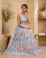 Elegant Floral Printed Silk Anarkali Gown