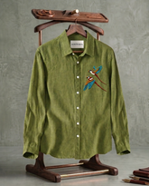Olive Green Birds Patch Casual Shirt