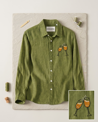 Olive Green Cheers Patch Slub Linen Shirt