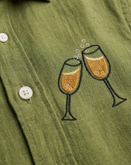 Olive Green Cheers Patch Slub Linen Shirt