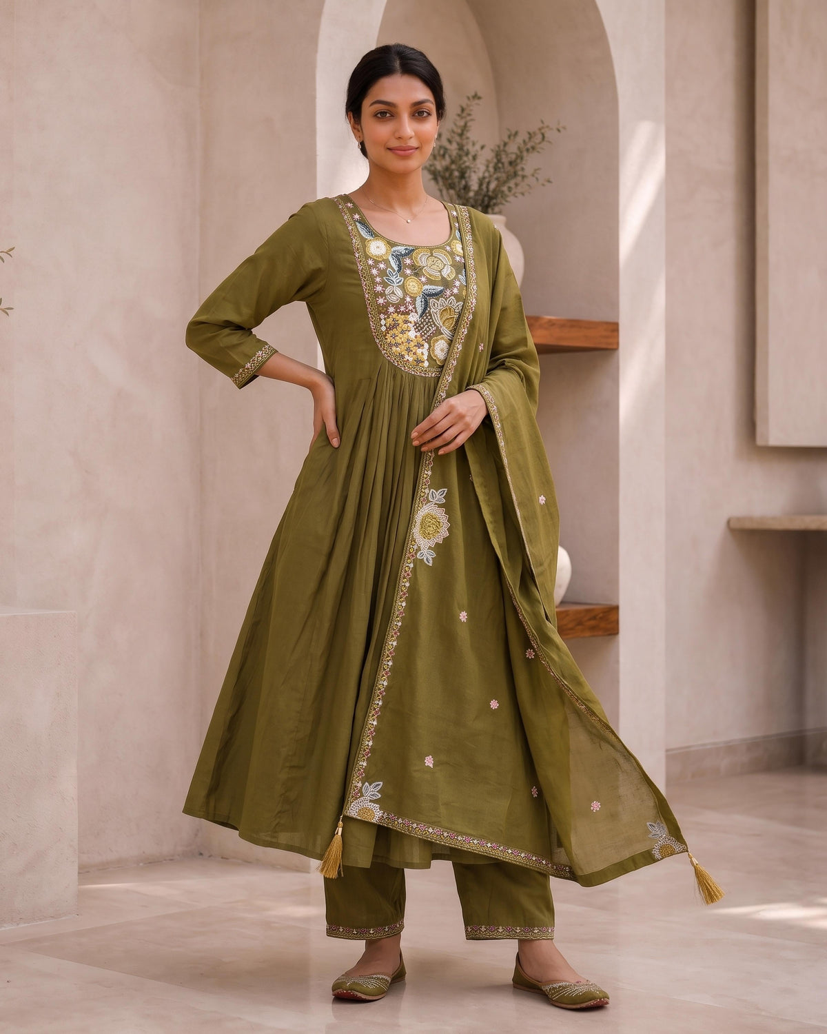 Suvislab Olive Elegance Embroidered Tutone Kurta Set with Dupatta
