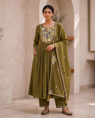 Suvislab Olive Elegance Embroidered Tutone Kurta Set with Dupatta