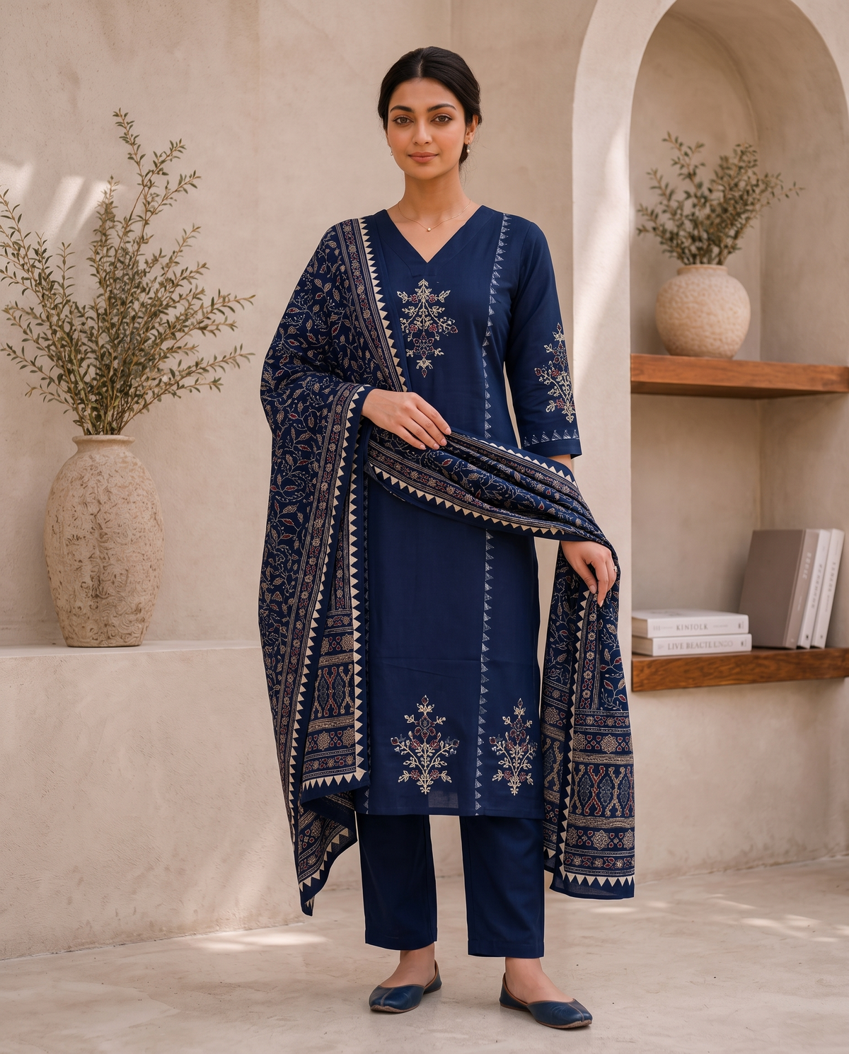 Royal Blue Gajji Silk Printed Kurta Set with Dupatta