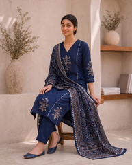 Royal Blue Gajji Silk Printed Kurta Set with Dupatta