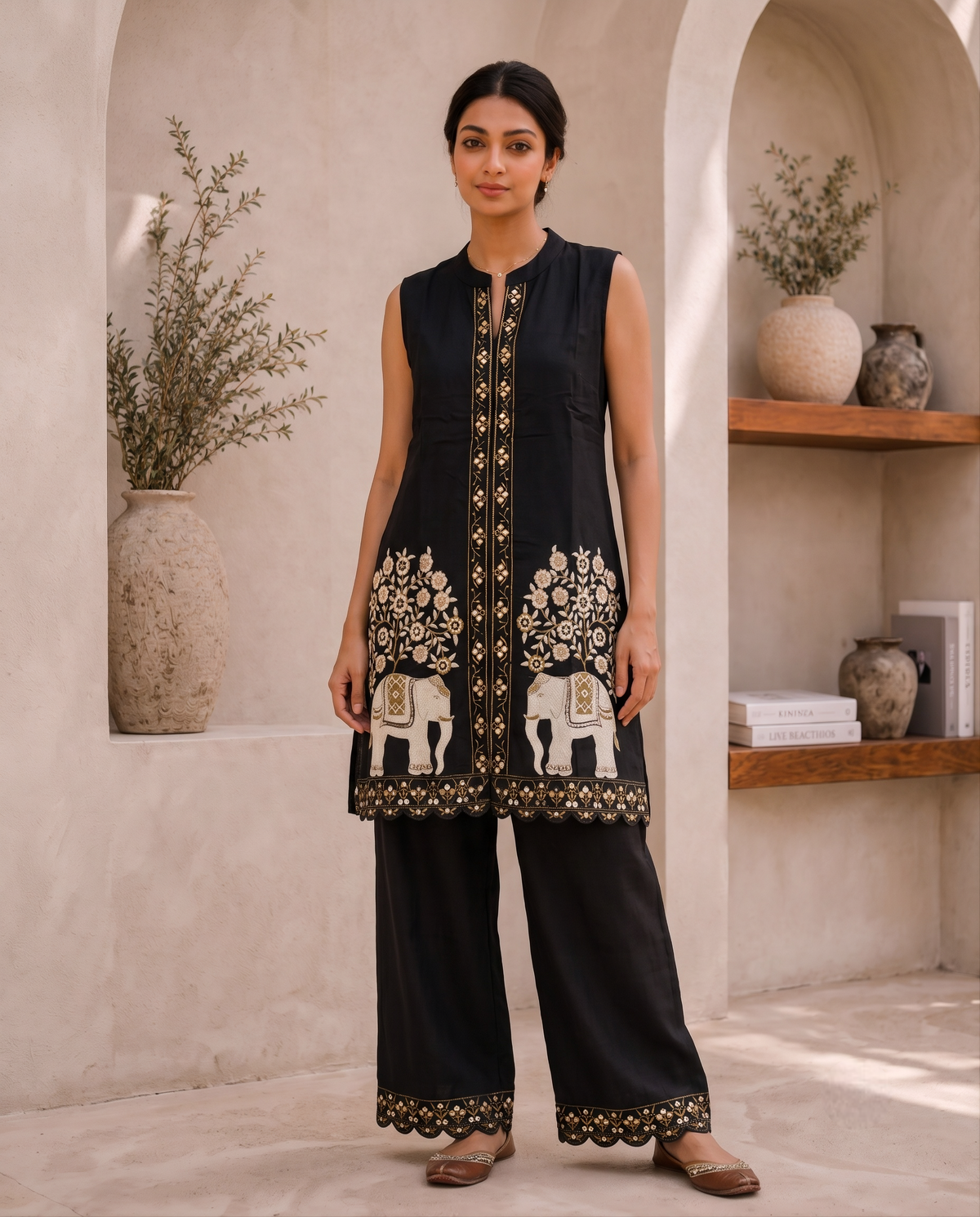 Rich Black Base With Gold-Toned Elephant & Floral Embroidery