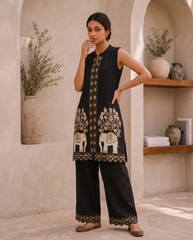Rich Black Base With Gold-Toned Elephant & Floral Embroidery
