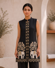 Rich Black Base With Gold-Toned Elephant & Floral Embroidery