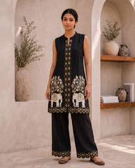 Rich Black Base With Gold-Toned Elephant & Floral Embroidery