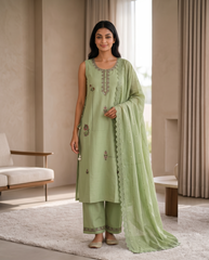Mint Green Embroidered Mal Chanderi Kurta Set with Dupatta