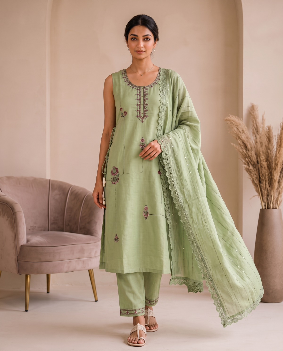 Mint Green Embroidered Mal Chanderi Kurta Set with Dupatta
