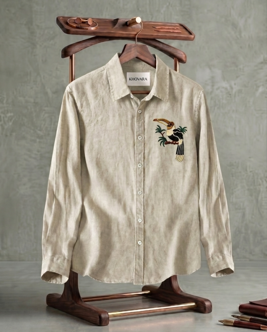 Beige Single Bird Patch Casual Shirt