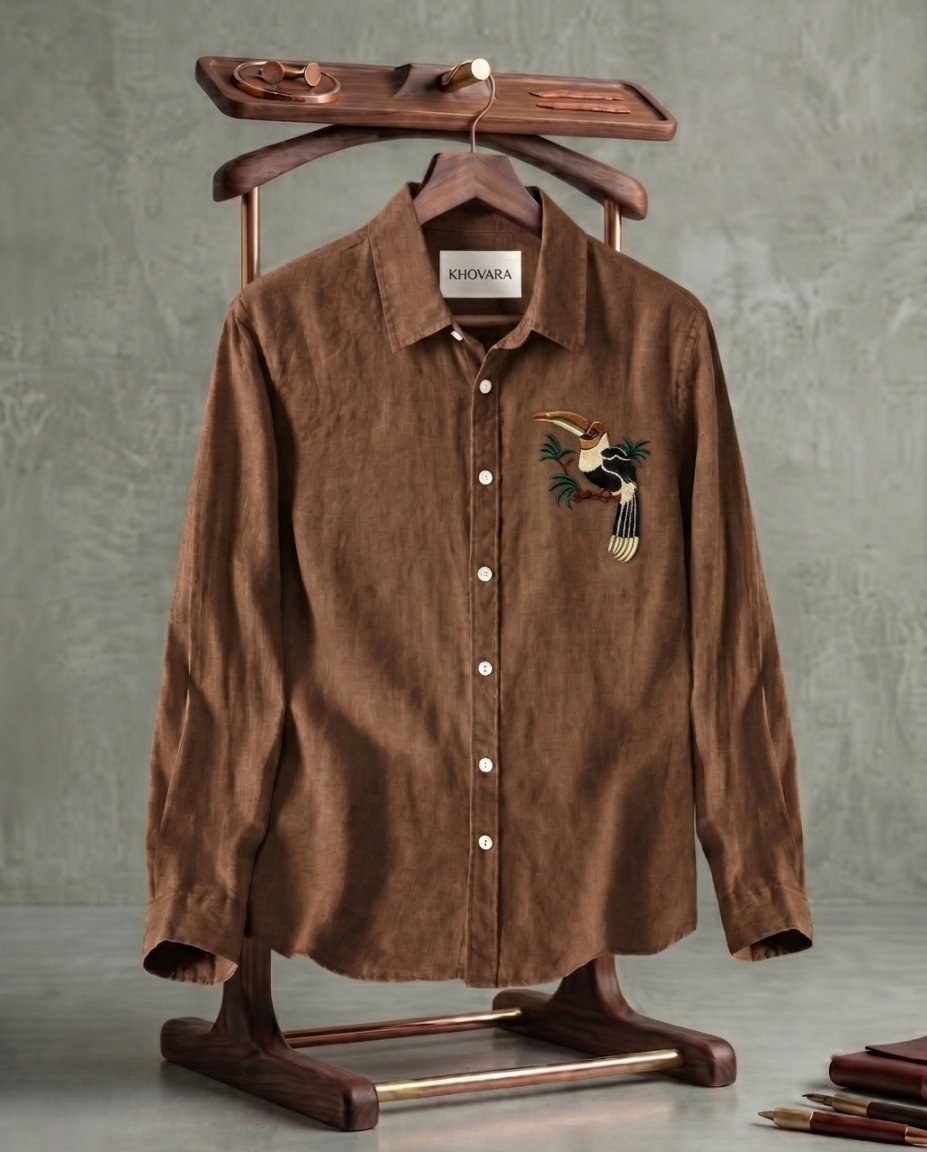 Coffee Single Bird Patch Casual Shirt