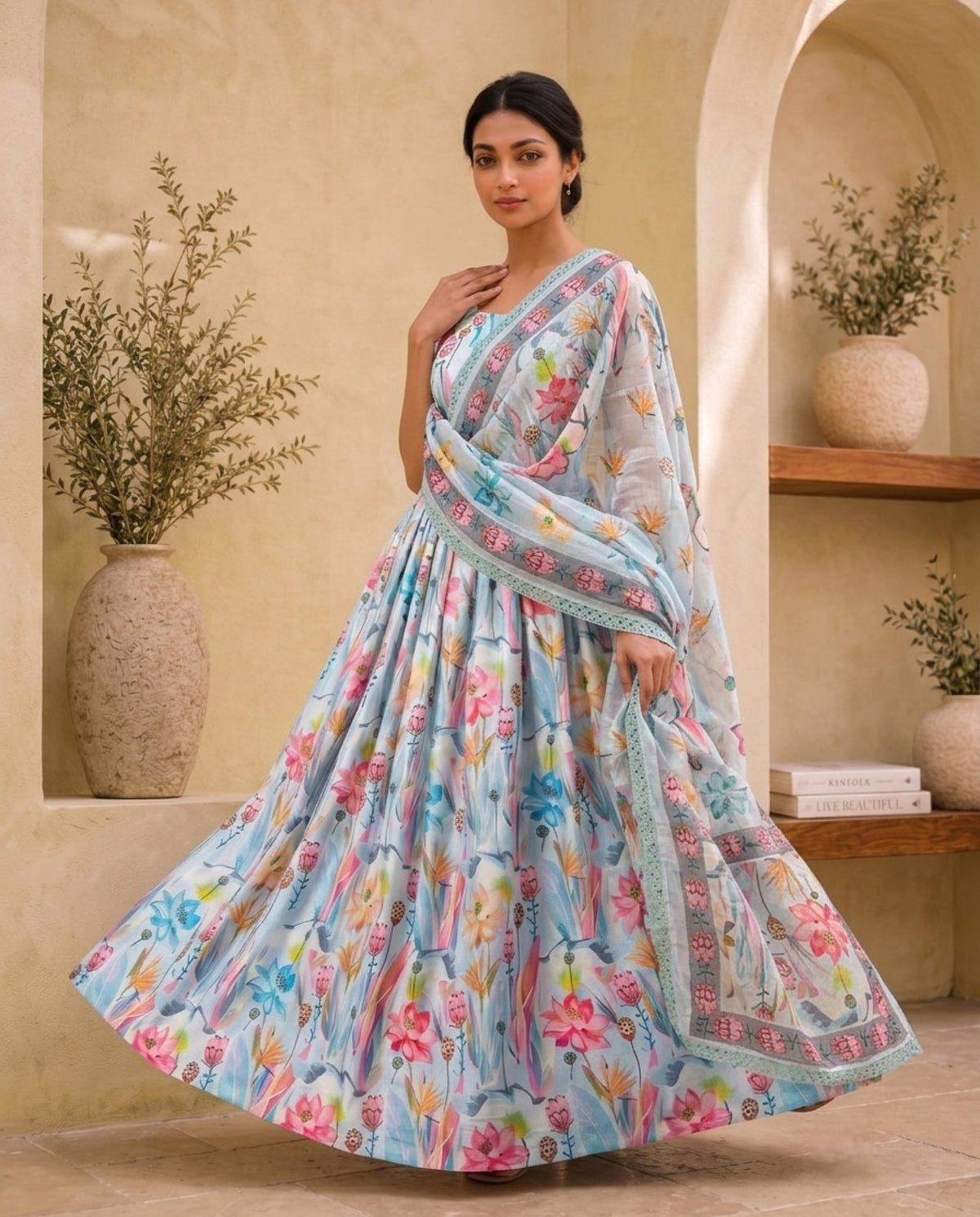 Elegant Floral Printed Silk Anarkali Gown