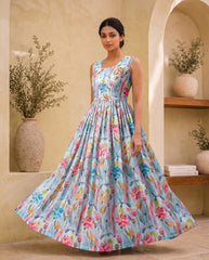 Elegant Floral Printed Silk Anarkali Gown