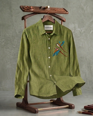 Olive Green Birds Patch Casual Shirt