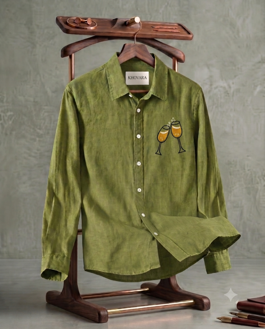 Olive Green Cheers Patch Slub Linen Shirt