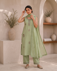 Mint Green Embroidered Mal Chanderi Kurta Set with Dupatta
