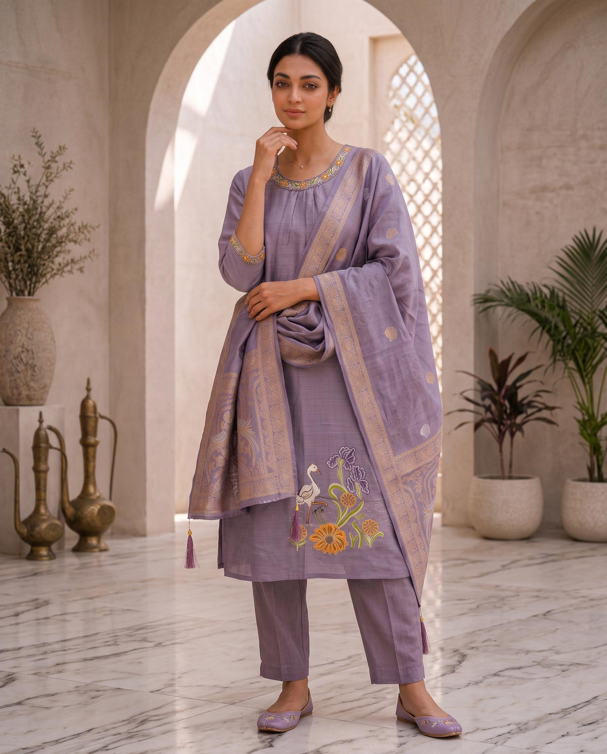 Lavender Elegance Vetikan Embroidered Straight Suit Set with Dupatta